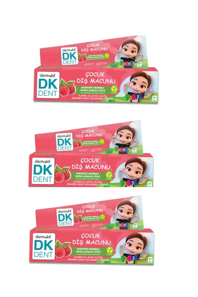 Dermokil Dk Dent Vegan Pırıl Ahududu Aromalı Florürsüz Çocuk Diş Macunu 3x50ml ürün görseli