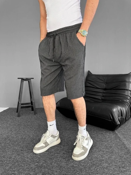 MDB u Yolu Çizgili Cepli Şort iyah - Resim 3