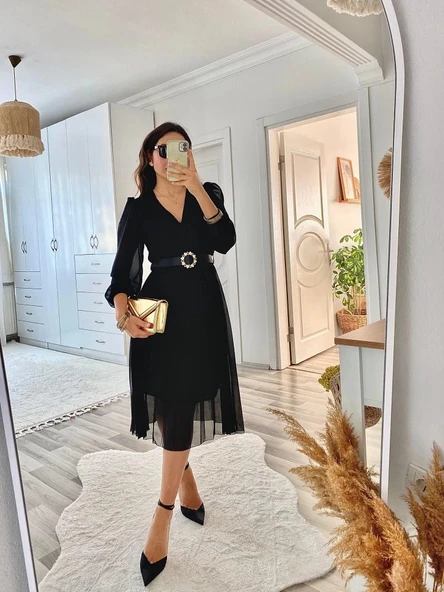 MDB Kadın şifon Kumaş Astalı Kloş Kesim Kruvaze Yaka idi Boy Elbise - Resim 4