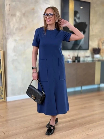 MDB Kadın Kısa Kollu Bisiklet Yakalı Cepli önden Yırtmaçlı Viskon Iki Iplik Midi Elbise - Resim 2