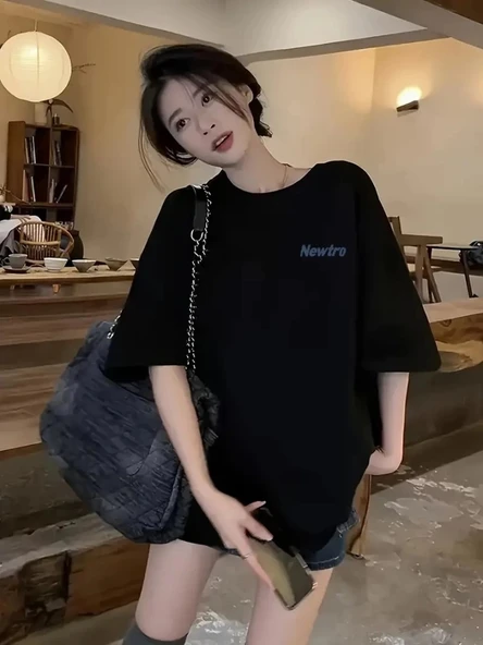 MDB Baskılı Oversize Bisiklet Yaka Tshirt  iyah - Resim 2