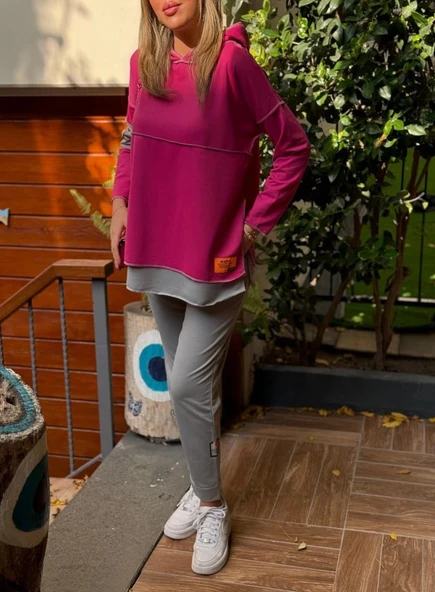 MDB Kadın Pembe Kapşonlu Etek Ucu Detay Arma Ters Dikiş Gorunumlu Ikili Takım - Resim 6