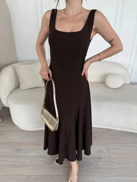 MDB ırt Dekolteli Kolsuz Uzun Elbise  Kahverengi ürün görseli 1