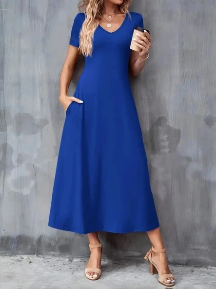 MDB Kadın Kısa Kollu V Yakalı Cepli Viskon Elbise - Resim 3