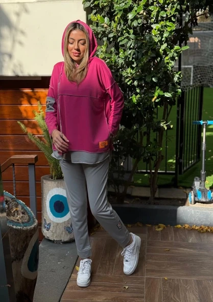 MDB Kadın Pembe Kapşonlu Etek Ucu Detay Arma Ters Dikiş Gorunumlu Ikili Takım - Resim 2