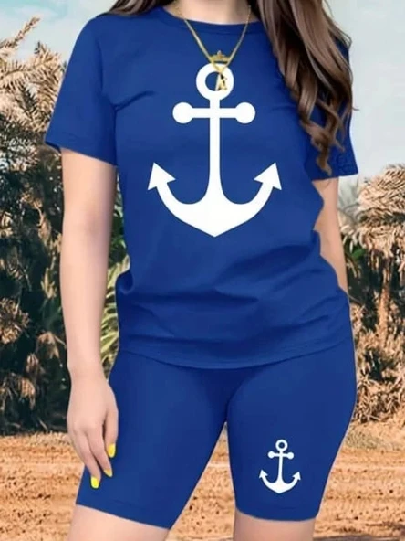 MDB Kadın Kısa Kollu çapa Baskılı Viskon Ikili Takım - Resim 2