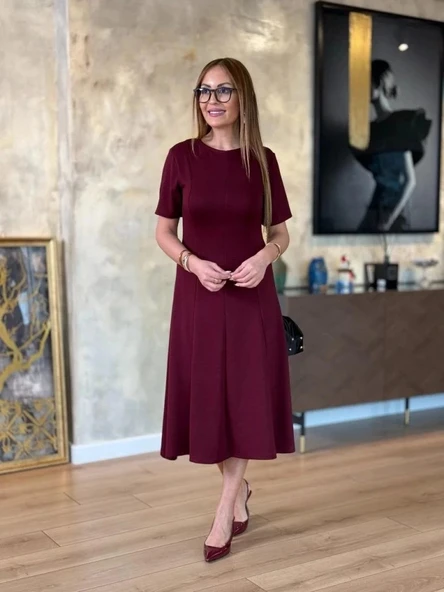 MDB Kadın Kısa Kollu Bisiklet Yaka Midi Viskon Iki Iplik Elbise ürün görseli 1