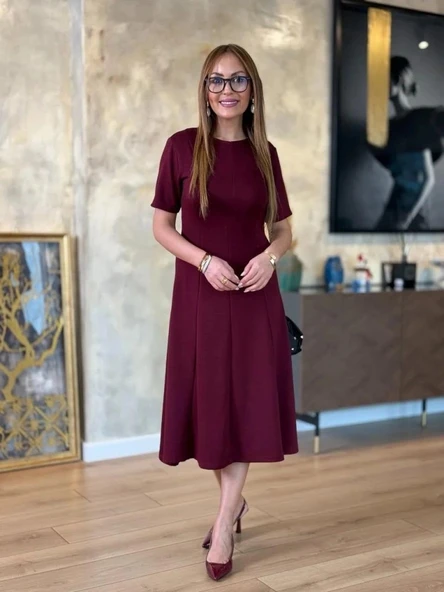 MDB Kadın Kısa Kollu Bisiklet Yaka Midi Viskon Iki Iplik Elbise - Resim 6