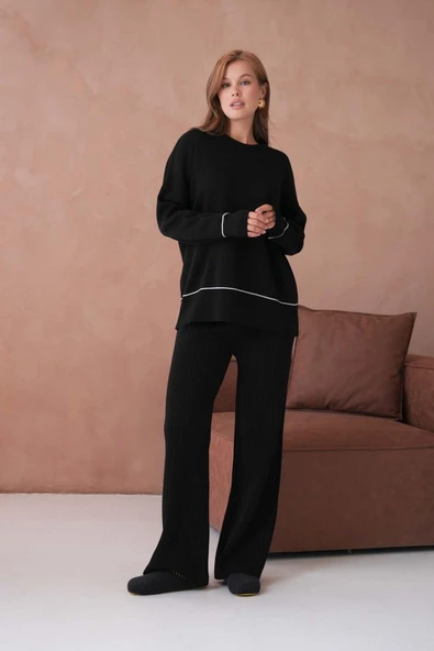 IŞŞIL 12231-Sfır Yaka Çizgi Uç Triko Pantolonlu Takım - 6