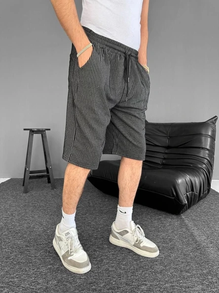 MDB u Yolu Çizgili Cepli Şort iyah - Resim 2