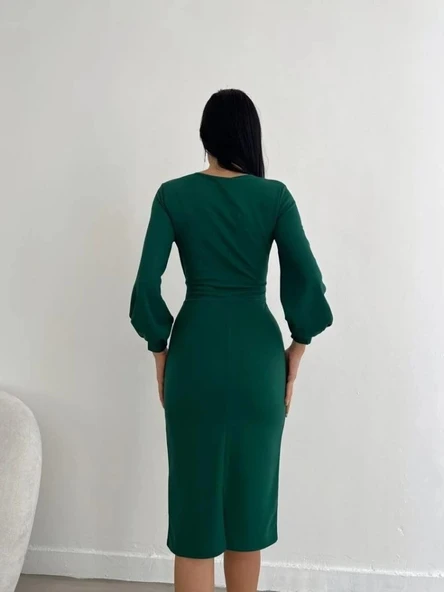 MDB Kadın Kruvaze Yaka Balon Kol idi Boy Elbise - Resim 3