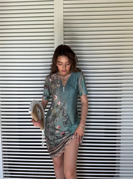 MDB Kadın Kısa Kollu V Yakalı çiçek Baskılı Midi Süprem Elbise ürün görseli 1