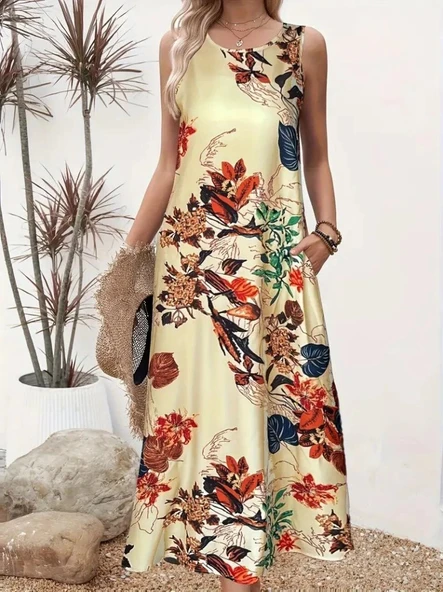 MDB Kadın Askılı Yuvarlak Yaka Cepli Desenli Süprem Elbise - Resim 2