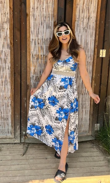 MDB Kadın Ip Askılı V Yakalı Bel Güpür çiçek Desenli Yandan Yırtmaçlı Maksi Süprem Elbise ürün görseli 1