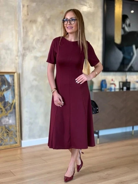 MDB Kadın Kısa Kollu Bisiklet Yaka Midi Viskon Iki Iplik Elbise - Resim 5