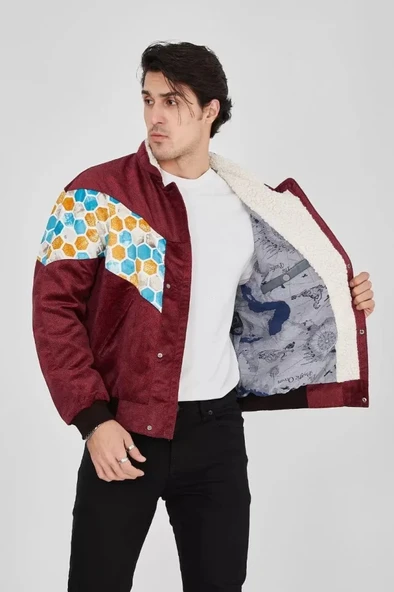 MDB Erkek İçi Astarlı İçten Yaka Kısmı Peluşlu Beyaz Şeritli Vintage Ceket  ürdüm - Resim 4