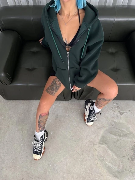 MDB Oversize Tam Fermuarlı Uzun Kol Hırka  Haki ürün görseli