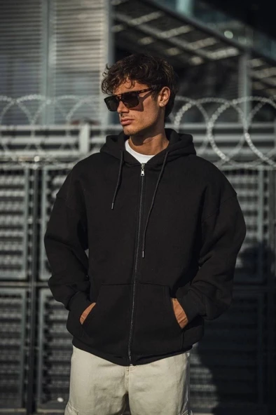 MDB Oversize Tam Fermuarlı Uzun Kol Hırka  iyah ürün görseli