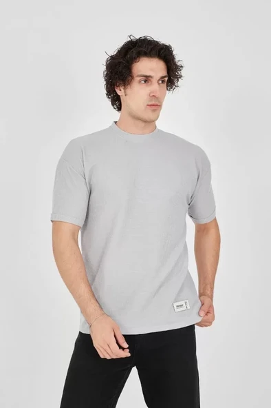 MDB Unisex Waffle Kumaş Rahat Kol Thirt  Boyalı Gri - Resim 2