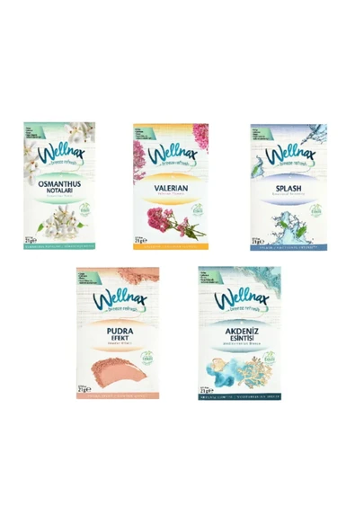Wellnax Dolap Çekmece, Oda ve Araç Kokusu - Valerian, Osmanthus, Akdeniz, Splash, Pudra -  5 Adet