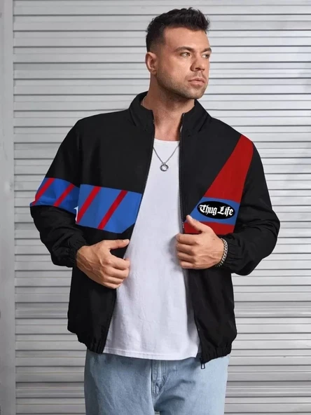 MDB Unisex Uzun Koll Fermuarlı Baskılı Rüzgarlik  iyah ürün görseli 1