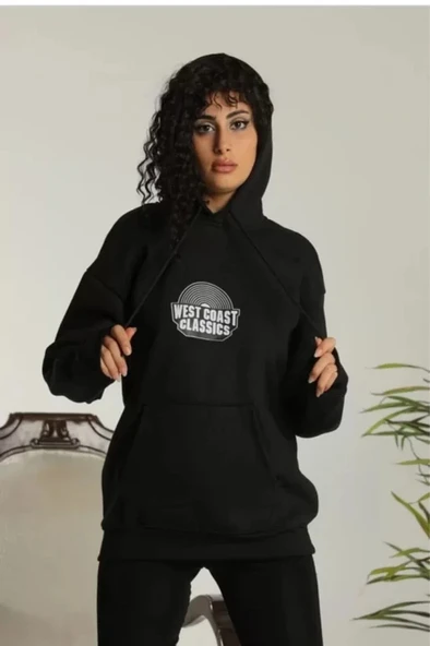 MDB Unisex ırt Baskılı Kapüşonlu Üç İplik Oversize weatshirt  iyah ürün görseli