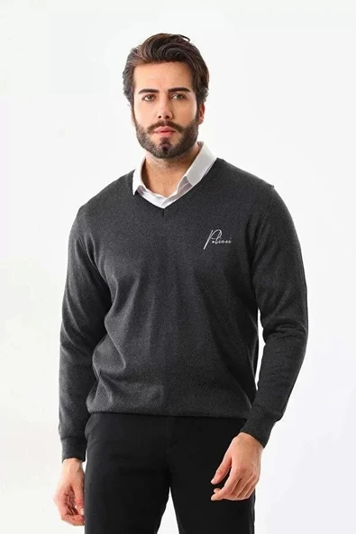 MDB Baskılı V Yaka Uzun Kol Dokuma Triko  Füme ürün görseli 1