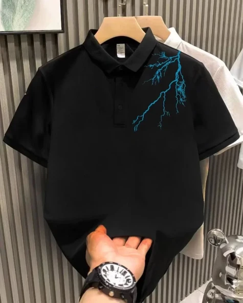 MDB Unisex Yakası Düğmeli Oversize Baskılı Thirt  iyah ürün görseli 1