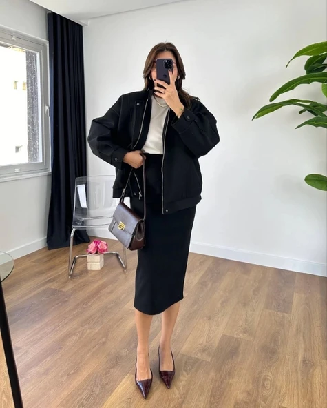 MDB RYE evsim Kaşe Fermuarlı Ceket Etek Takım Kaşmir Ceket Etekli İkili Takım Kaşe Bomber CeketEtek Takım - 4