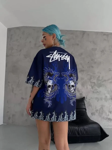 MDB Unisex Bisiklet Yaka Baskılı Oversize Thirt  acivert ürün görseli 1