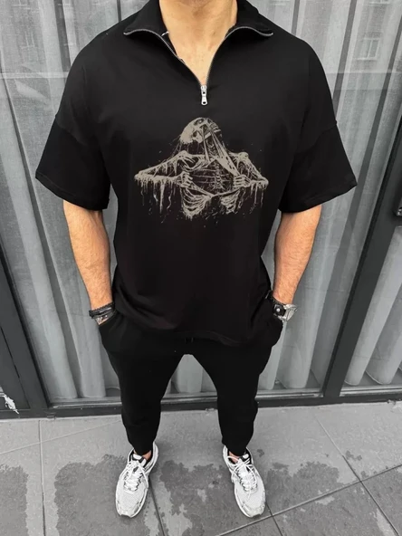 MDB Unisex Yarım Fermuarlı Baskılı Oversize Thirt  iyah ürün görseli 1