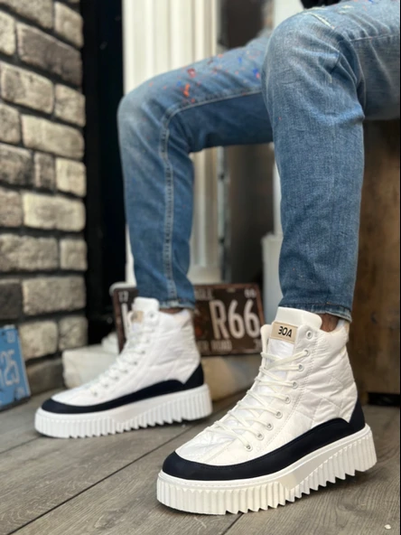 ET0811 Yüksek Taban Beyaz Paraşüt Kumaş Lacivert Cilt Detaylı Erkek Ayakkabı - Resim 2