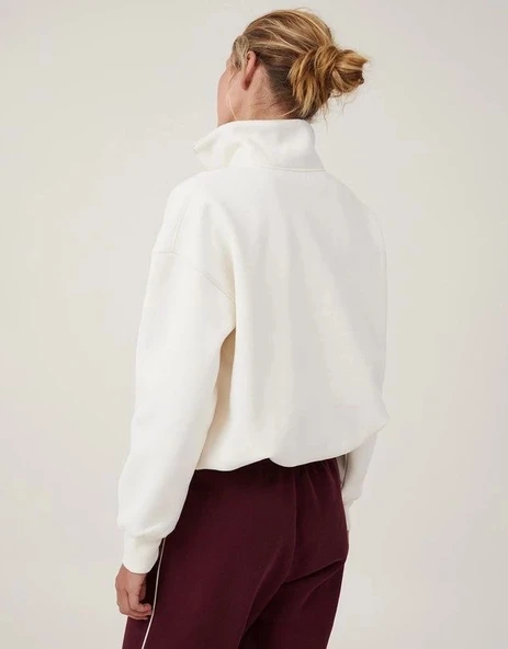 MDB Oversize Yarım Farmuarlı Yakalı Basic weathirt  Beyaz - Resim 3