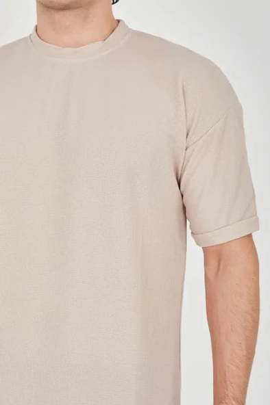 MDB Unisex Waffle Kumaş Rahat Kol Thirt  Bej - Resim 3