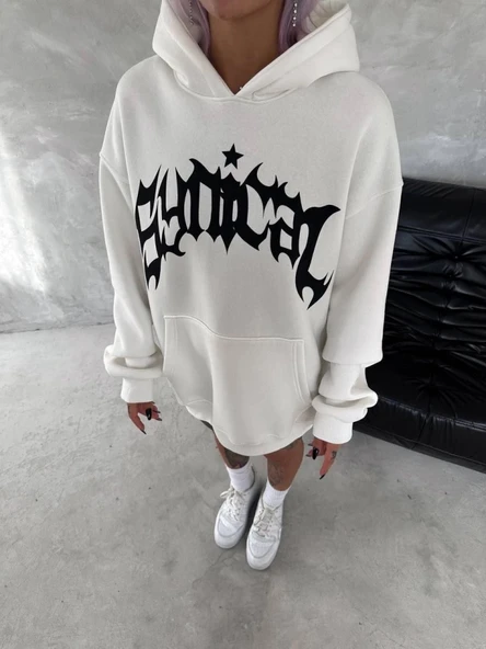 MDB Unisex Üç İplik Kapşonlu Baskılı weathirt  Beyaz - Resim 3