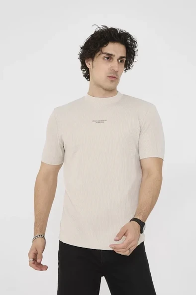 MDB Unisex Bisiklet Yaka lim Fit Thirt Bej - Resim 4