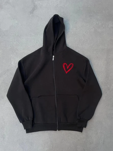 MDB Üç İplik Baskılı Fermuarlı Kapşonlu Hırka  iyah - Resim 2