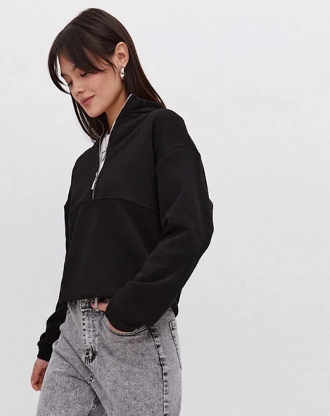 MDB Oversize Yarım Farmuarlı Yakalı Basic weathirt  iyah - Resim 2