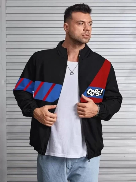 MDB Unisex Uzun Koll Fermuarlı Baskılı Rüzgarlik  iyah ürün görseli 1