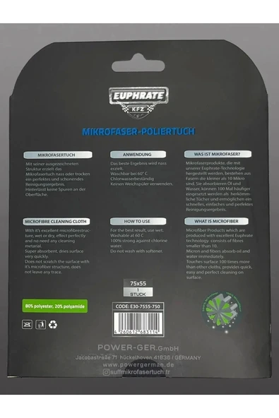 EUPHRATE KFZ Alman Üretim Mikrofiber Euphrate Tank Bezi 75x55 Renk Seçenekleri: (GRİ-BEJ-YEŞİL-MAVİ) ( 1 Adet ) - 4
