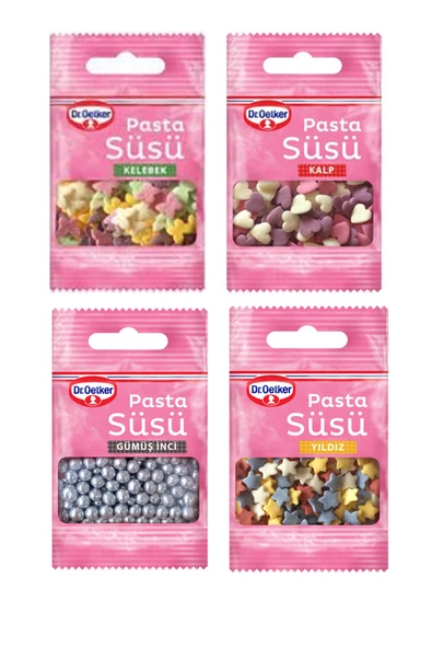 Dr. Oetker Dekor Serisi Pasta Süsü Kelebek, Kalp, Gümüş İnci, Yıldız (4 x 10 gram)