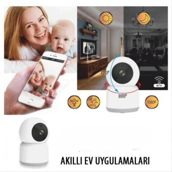 360 Derece Dönebilen Full HD - 1080P Wi - Fi Akıllı IP Kamera Bebek Odası, Salon, Güvenlik  Kamerası