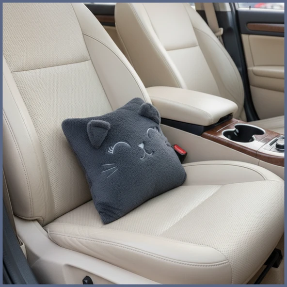 Kedi Nakış Desenli Pelüş Seyahat Yastığı / Araç Uçak Otobüs İçin Yumuşak Konforlu Kırlent 30x35 cm - Resim 6
