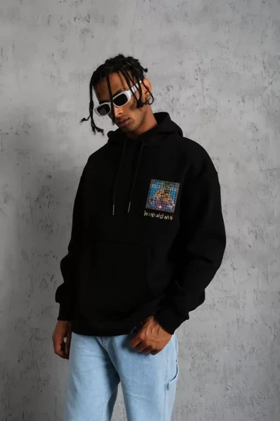 MDB Erkek Patel ix Baskılı Kapüşonlu weat  iyah - Resim 2