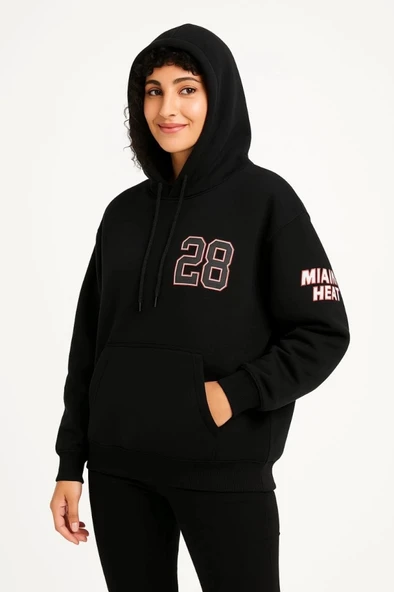 MDB Üç İplik Kapüşonlu Ön Ve Arka Baskılı weathirt Hoodie  iyah - Resim 3