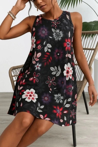 MDB Kadın Askılı Yuvarlak Yaka Desenli A Kesim Süprem Elbise ürün görseli 1