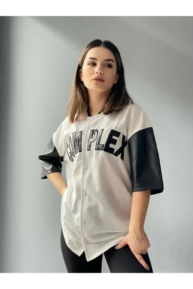 MDB Complex Kolları Deri Kolej Oversize Tshirt  Beyaz - Resim 4