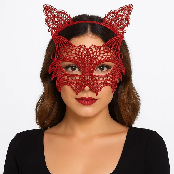 Kırmızı Dantel Kedi Maskesi ve Dantel Taç Seti – Kadın Kostüm Aksesuarı ürün görseli 1