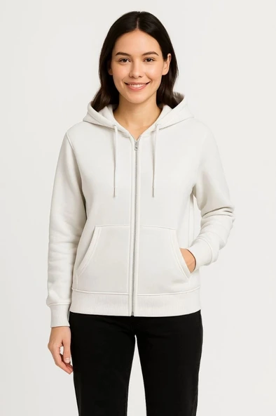 MDB Üç İplik Kapüşonlu Tam Fermuarlı Kanguru Çepli weathirt Hoodie  Beyaz - Resim 4