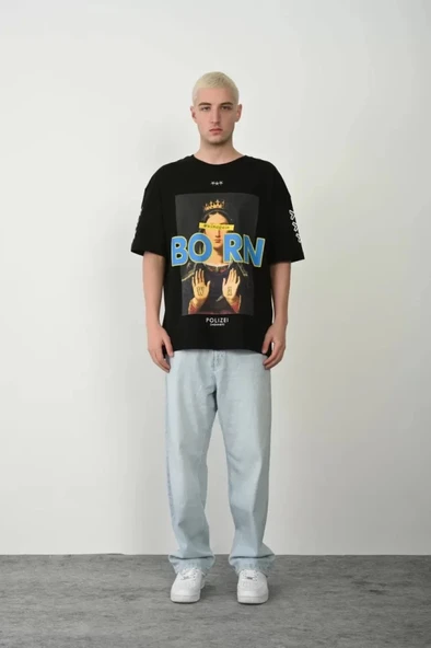 MDB Unisex Baskılı Bisiklet Yaka Oversize Thirt  iyah - Resim 3